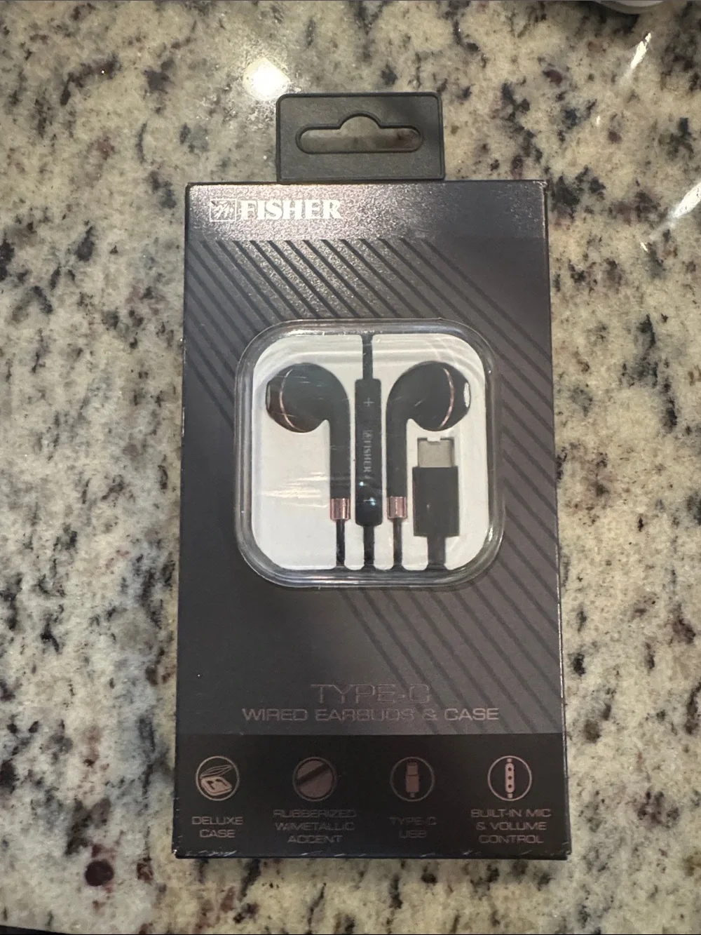 Fisher Type-C Wired Earbuds in Black with Rose Gold Accents
